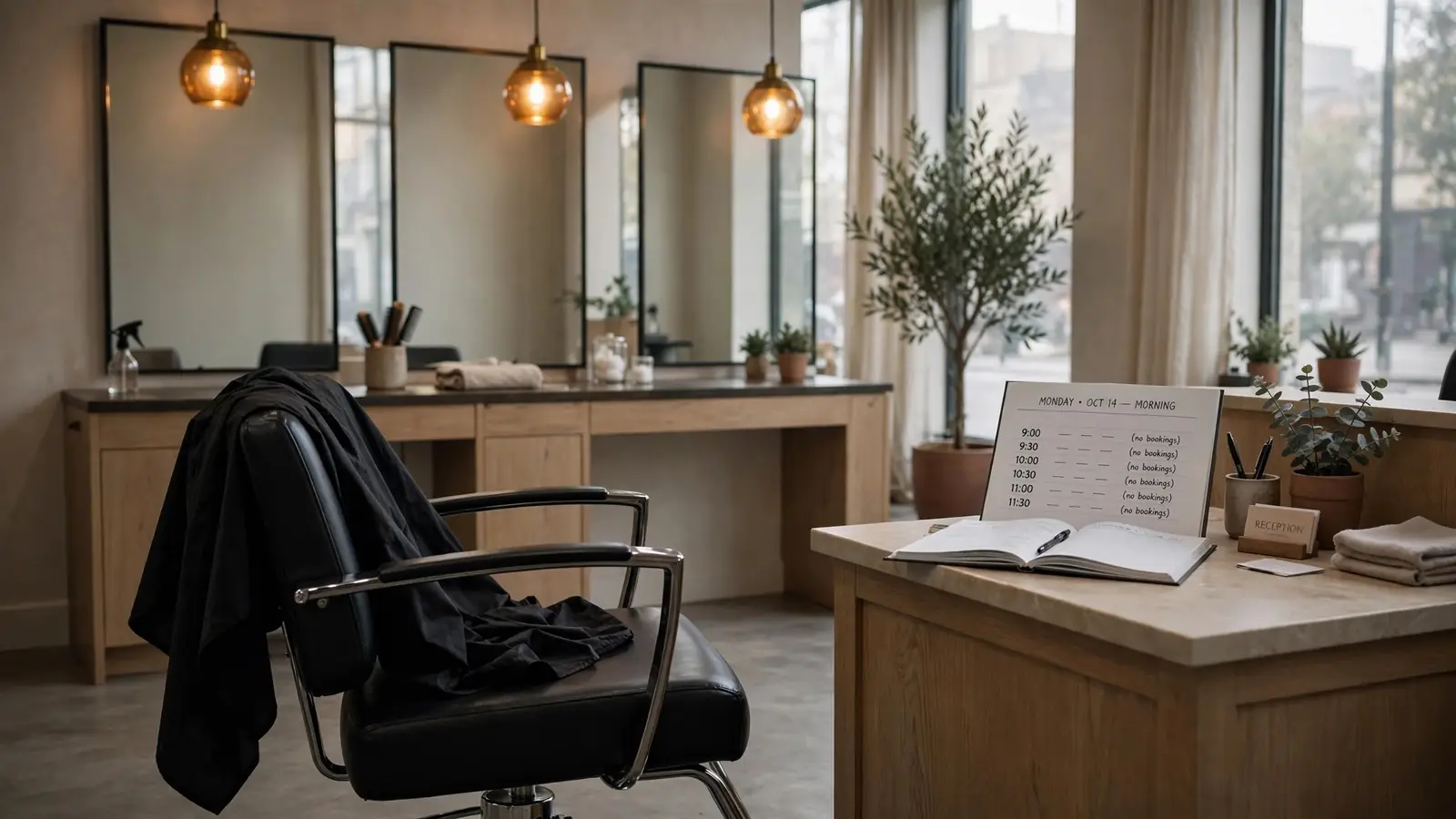 An empty salon chair in the quiet morning, an appointment book with empty slots