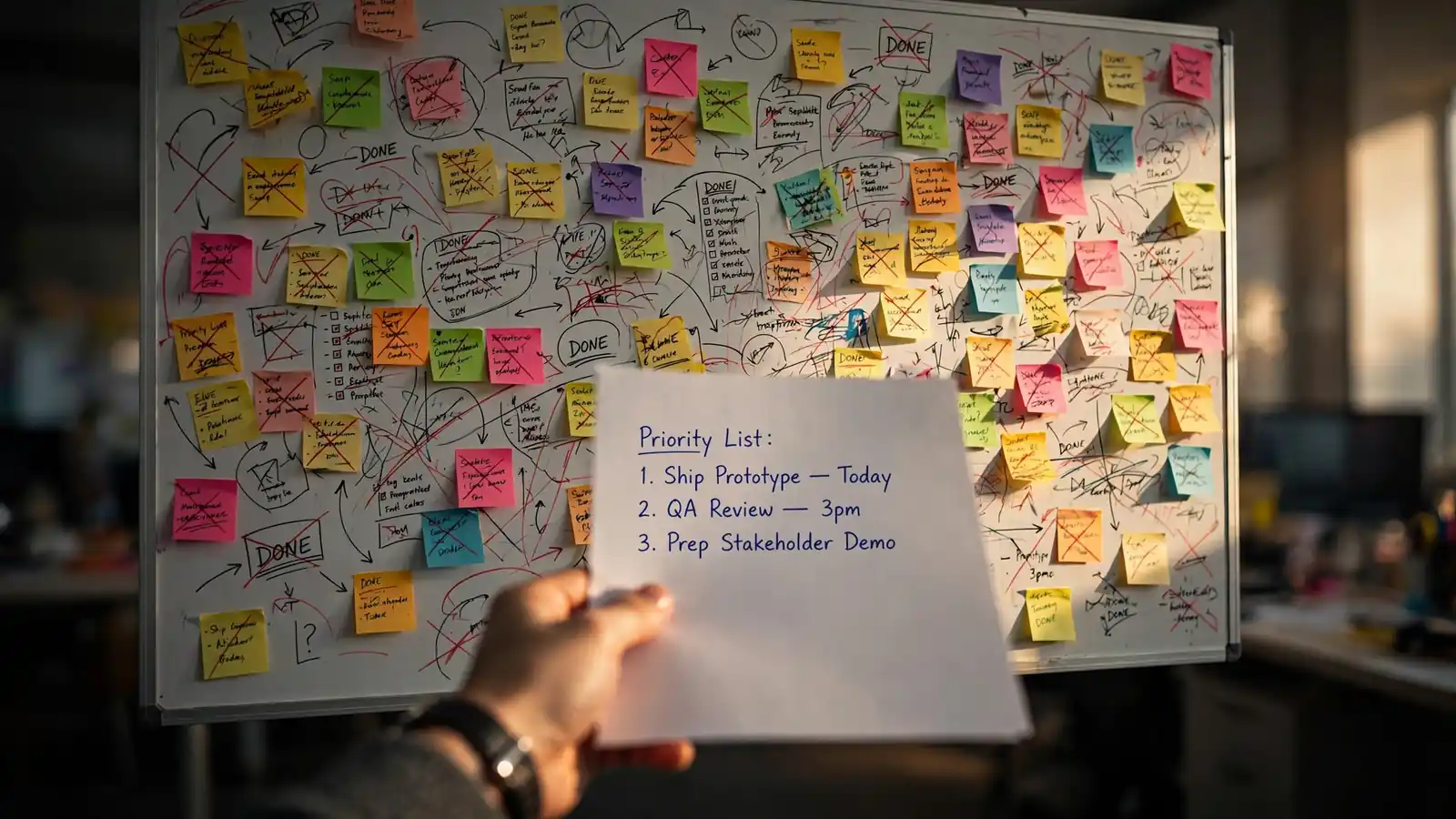 A whiteboard crammed with sticky notes and crossed-out tasks beside a single clean priority list