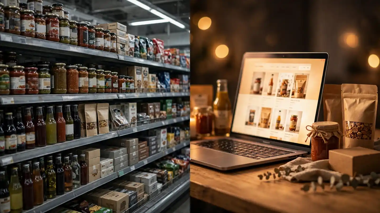 Retail shelf of CPG products beside a glowing laptop showing a DTC online store
