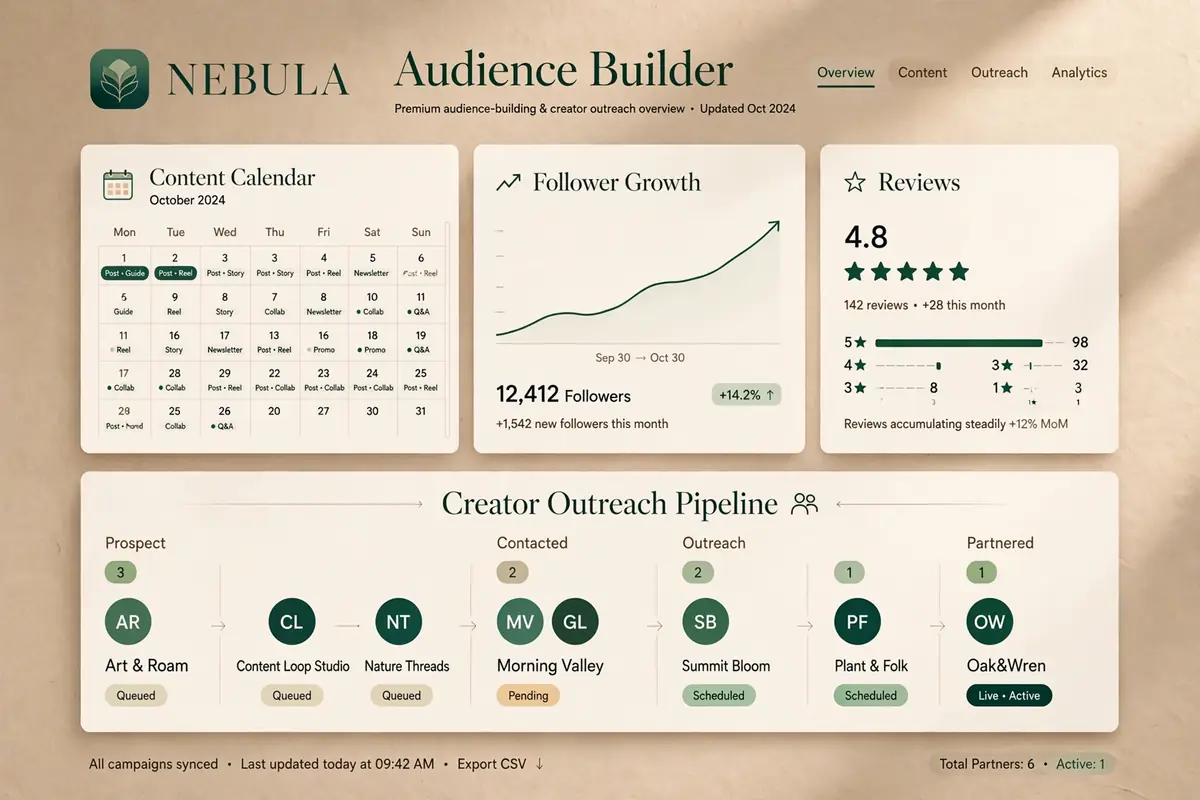 Audience outcome dashboard: filled content calendar, rising followers, creator pipeline