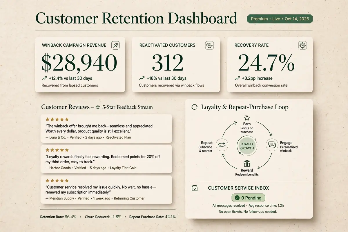 Customers outcome dashboard: winback revenue, five-star reviews, empty support inbox